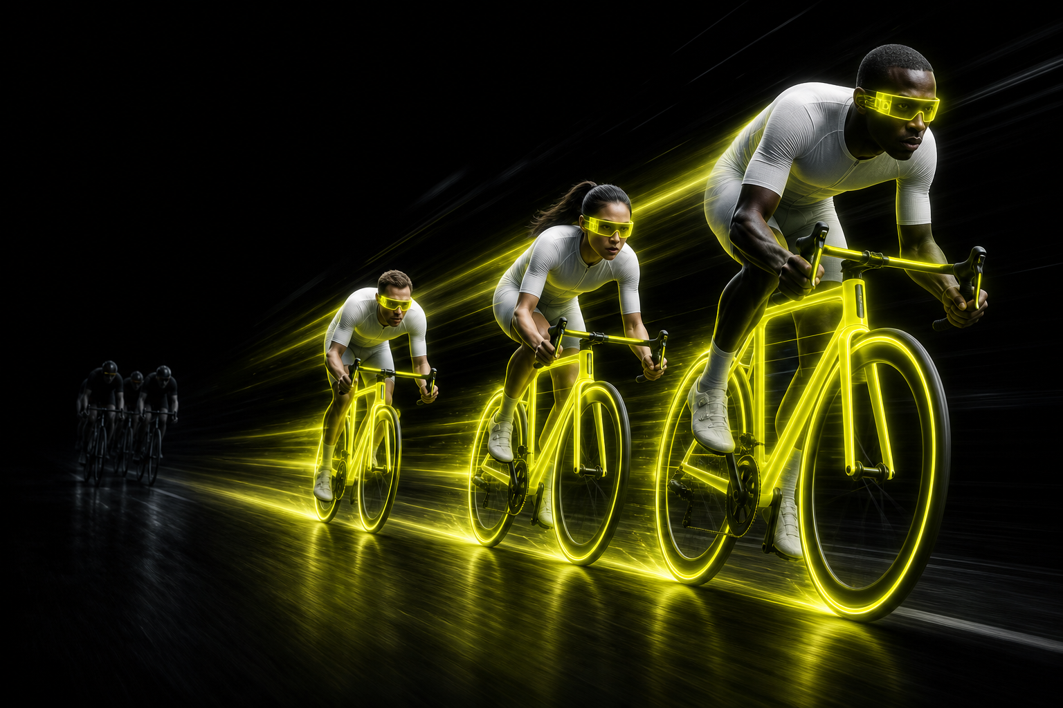 An APT-trained cycling team, gear glowing, racing far ahead of an untrained team
