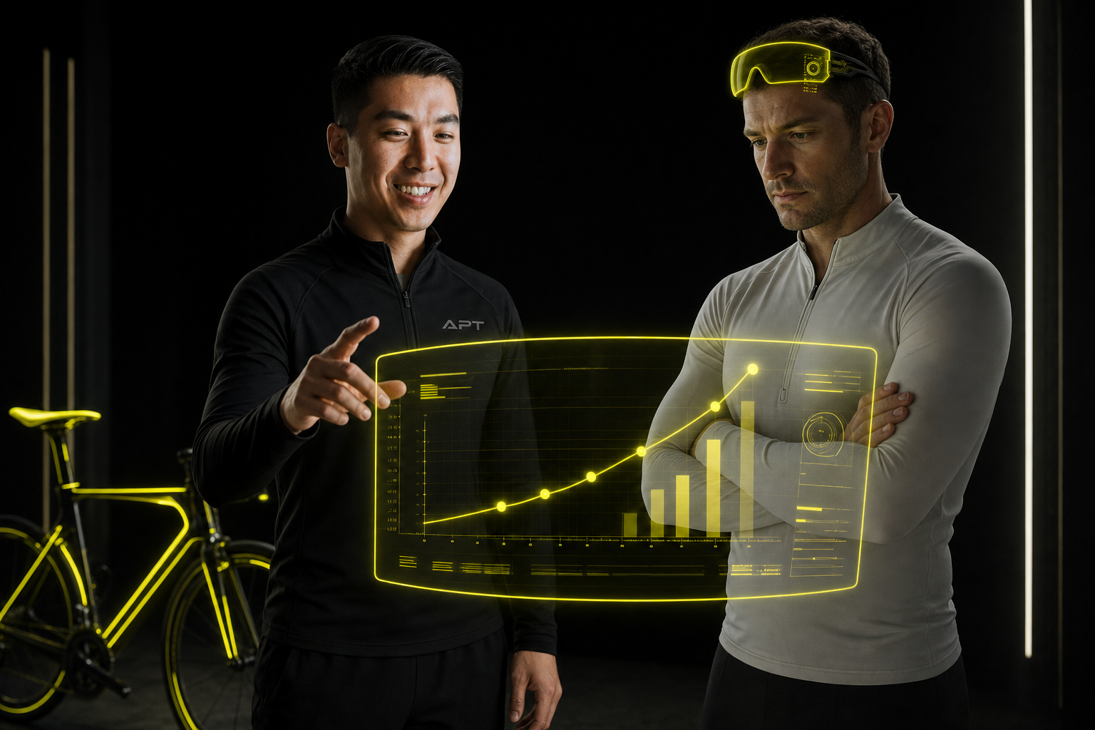 Gary Sheng coaching one client 1:1, reviewing a glowing performance chart together, training bike nearby