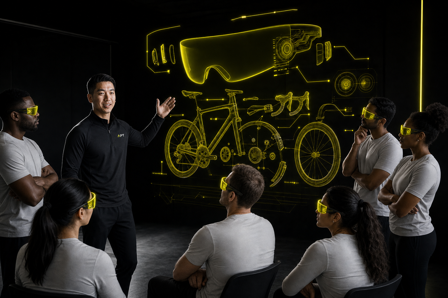 Gary Sheng leading a team chalk-talk around a holographic breakdown of the bike and visor