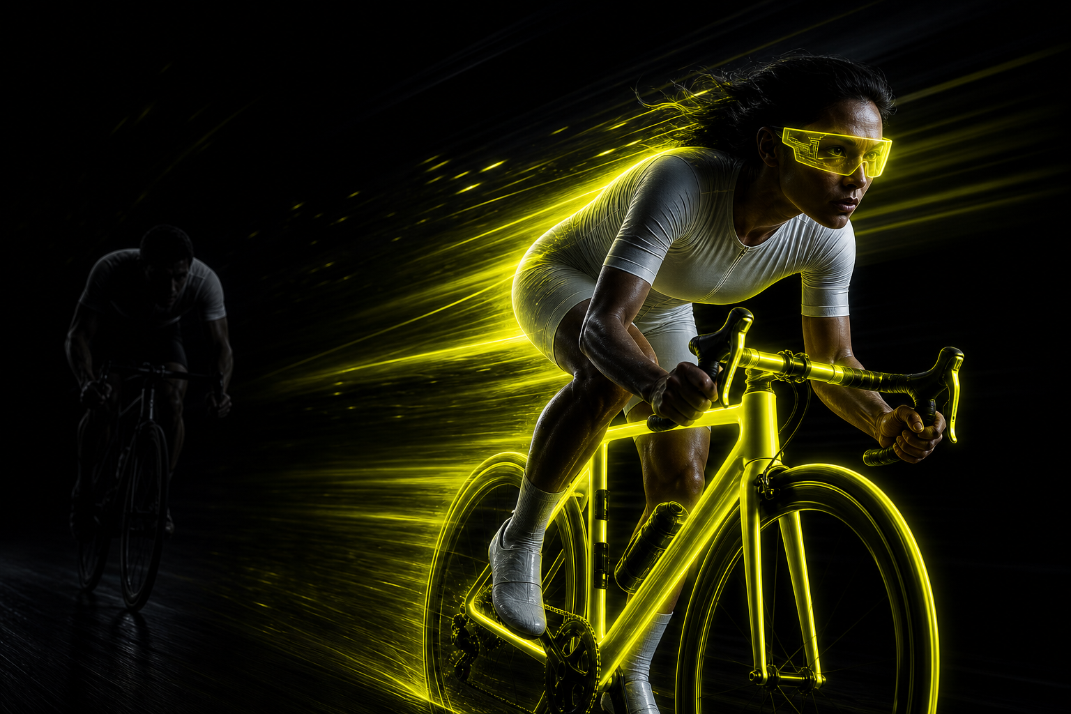 A trained rider, gear glowing Exit Yellow, pulling away from an untrained rider falling behind in the dark